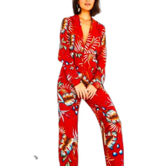 FARM Rio Pants - Farm Rio Red Tropical Winterleaf Jumpsuit Deep V Long Sleeve Slant Pockets M